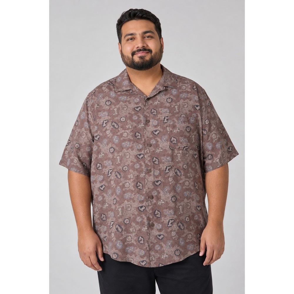 Country Road Mens M Brown Abstract Print Rayon Blend Short Sleeve Button Up